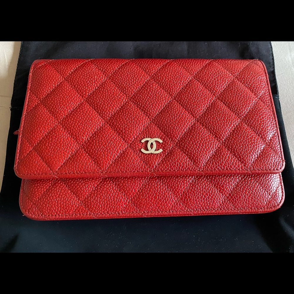 SOLD Authentic Chanel - Red Caviar with Silver Hardware Wallet on Chain